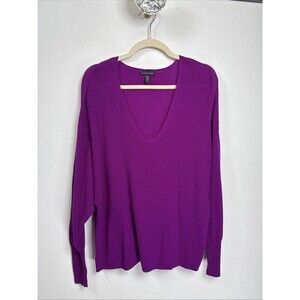 (A5)Eileen Fisher Sweater Size L Petite Relaxed Wool RHAPSODY V-neck Boxy Purple